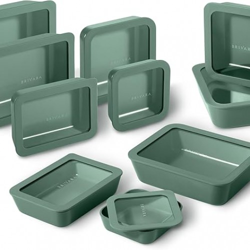 Ceramic Coated Glass Food Storage Containers | No PTFE, PFOA, PFAS, and BPA | Reusable Non Toxic Meal Prep Containers with Glass Lids | Easy To Store | 10 Piece Set [Pine]