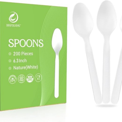 Compostable Spoons [200 Pcs] No Plastic Spoons Disposable BPI Certified BPA-Free, Heat Resistant, Heavy Duty Biodegradable Cutlery Disposable Utensils for Daily, Party & Camping