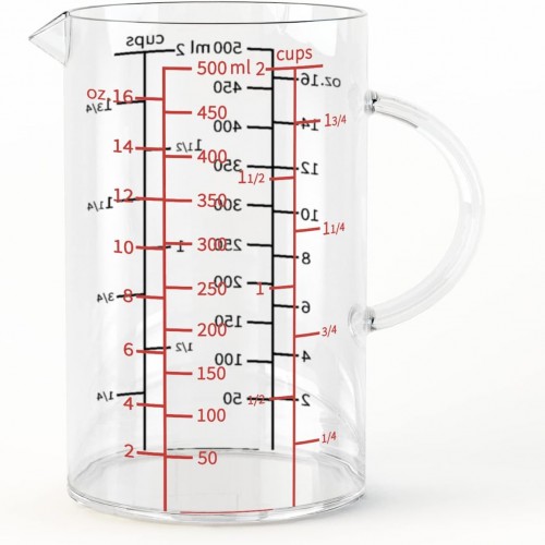 77L Glass Measuring Cup, [Double-Sided Measuring Scale, Insulated handle, V-Shaped Spout], High Borosilicate Glass Measuring Cup for Kitchen or Restaurant, Easy To Read, 500 ML (0.5 Liter, 2 Cup)