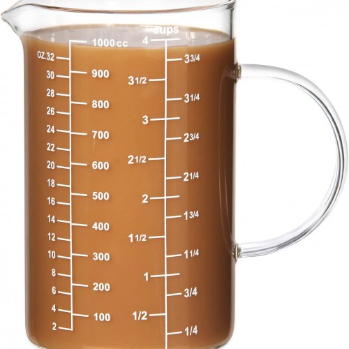 77L Glass Measuring Cup, [Insulated handle, V-Shaped Spout], High Borosilicate Glass Measuring Cup for Kitchen or Restaurant, Easy To Read, 1000 ML (1 Liter, 4 Cup)